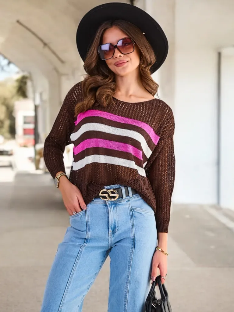 Best ażurowy damski sweter w paski Swetry