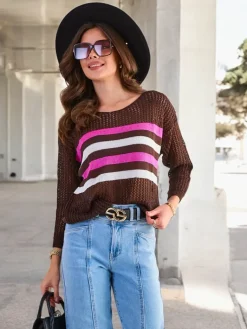 Best ażurowy damski sweter w paski Swetry