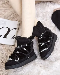 Best Buty śniegowce damskie z perełkami Cuvilav Śniegowce|Botki Z Delikatnym Ociepleniem