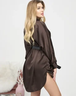 Sale Ciemnobrązowa damska tunika typu koszula Bluzki / Koszule / Koszulki