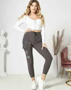 Sale Ciemnoszare damskie spodnie typu bojówki z napisem Spodnie Cargo|Spodnie Materiałowe