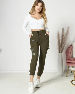 Best Ciemnozielone damskie spodnie typu bojówki z napisem Spodnie Cargo|Spodnie Materiałowe