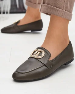 Ciemnozielone mokasyny damskie ze złotą ozdobą Uletta Mokasyny Na Płaskiej Podeszwie