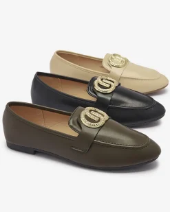 Ciemnozielone mokasyny damskie ze złotą ozdobą Uletta Mokasyny Na Płaskiej Podeszwie
