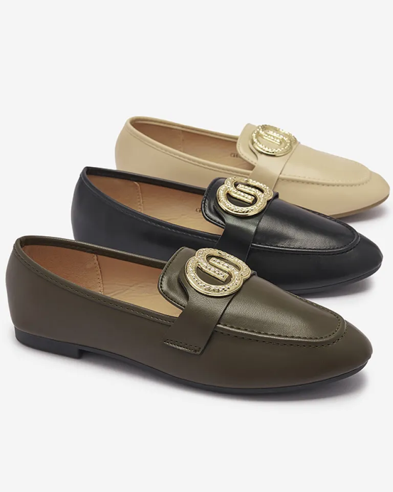 Ciemnozielone mokasyny damskie ze złotą ozdobą Uletta Mokasyny Na Płaskiej Podeszwie