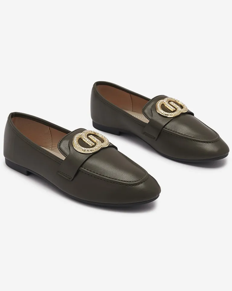 Ciemnozielone mokasyny damskie ze złotą ozdobą Uletta Mokasyny Na Płaskiej Podeszwie
