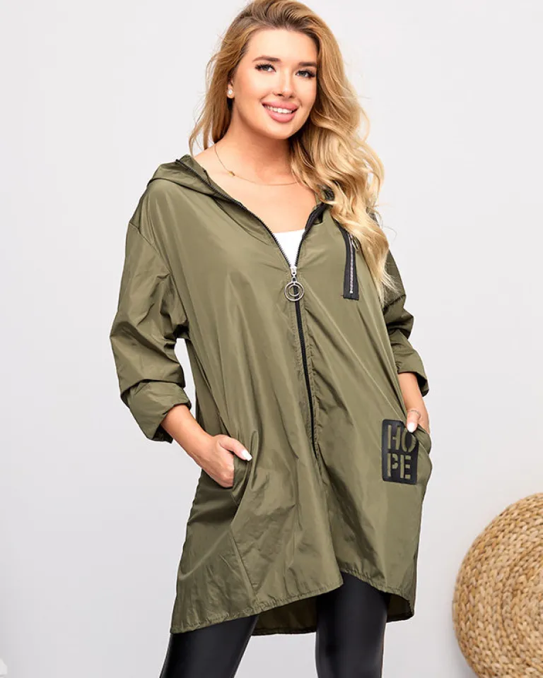 Ciemnozielona damska długa kurtka typu wiatrówka z ozdobami Kurtki / Marynarki / Płaszcze