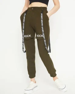 Best Ciemnozielone damskie materiałowe spodnie typu bojówki z szelkami Spodnie Cargo|Spodnie Dresowe