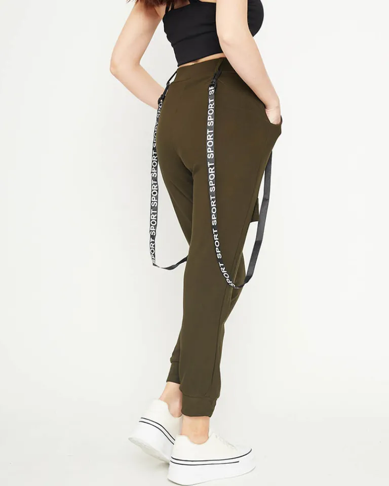 Best Ciemnozielone damskie materiałowe spodnie typu bojówki z szelkami Spodnie Cargo|Spodnie Dresowe