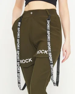 Best Ciemnozielone damskie materiałowe spodnie typu bojówki z szelkami Spodnie Cargo|Spodnie Dresowe