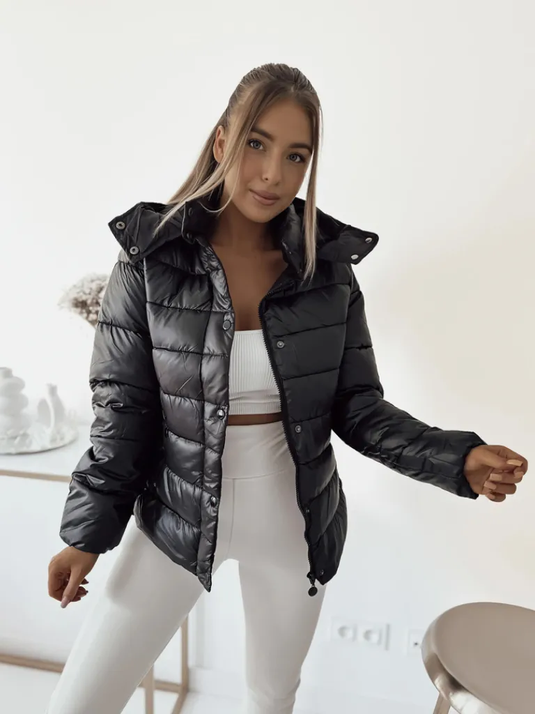 Sale Czana damska pikowana kurtka z kapturem Kurtki / Marynarki / Płaszcze