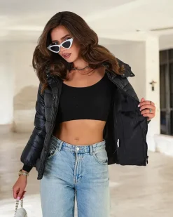 Sale Czana damska pikowana kurtka z kapturem Kurtki / Marynarki / Płaszcze