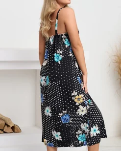 Best Czarna damska midi sukienka na ramiączkach w groszki Sukienki Letnie|Sukienki Długie