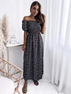 Best Czarna damska sukienka midi w kwiaty Plus Size