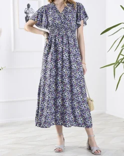 Czarna damska długa sukienka w fioletowe kwiaty Sukienki Letnie|Sukienki Długie