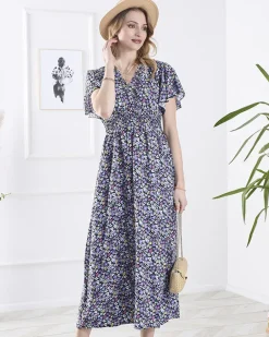 Czarna damska długa sukienka w fioletowe kwiaty Sukienki Letnie|Sukienki Długie