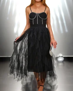 New Czarna sukienka damska midi z tiulem i kryształkami Sukienki Na Imprezę|Sukienki Długie