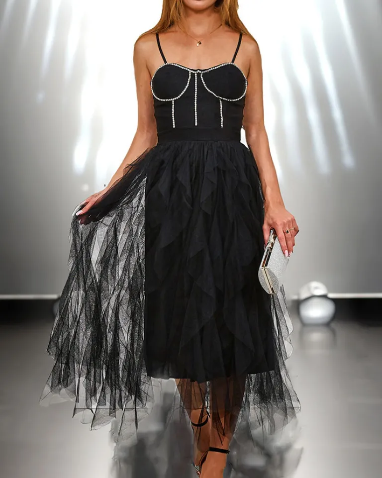 New Czarna sukienka damska midi z tiulem i kryształkami Sukienki Na Imprezę|Sukienki Długie