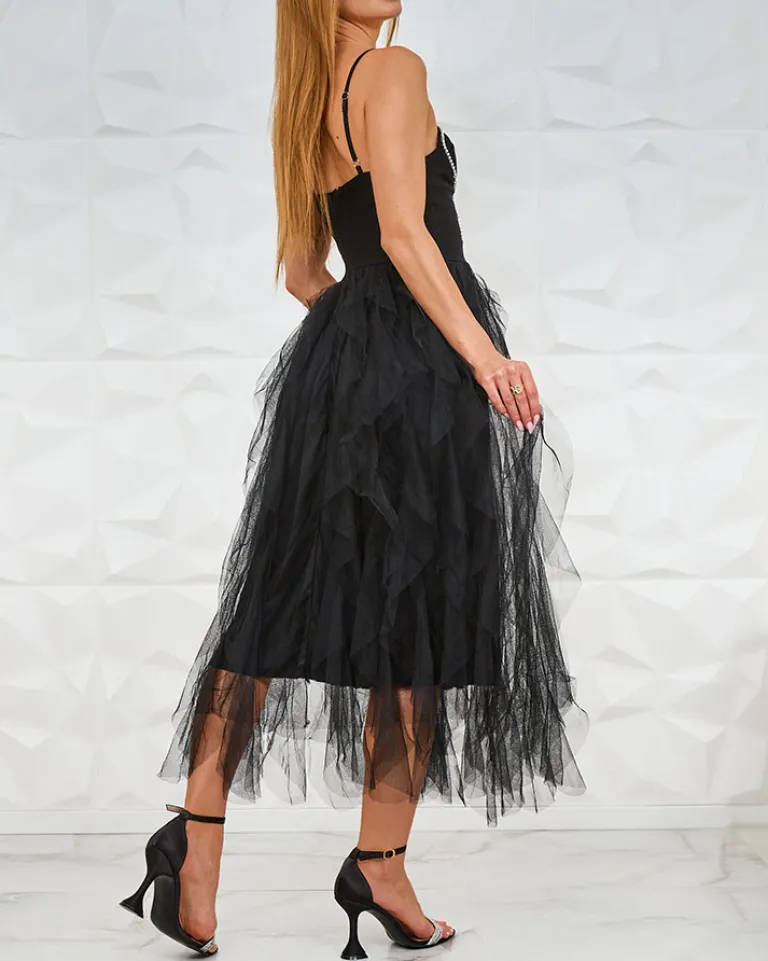 New Czarna sukienka damska midi z tiulem i kryształkami Sukienki Na Imprezę|Sukienki Długie