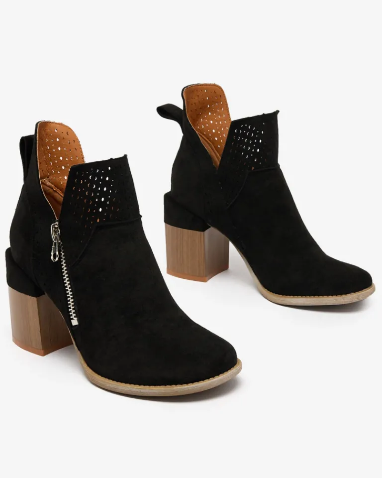 Discount Czarne ażurowe botki na słupku Veviret Botki Bez Ocieplenia|Botki Na Słupku