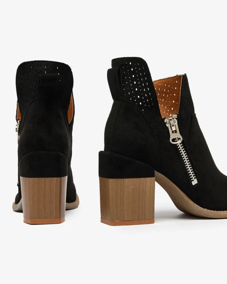 Discount Czarne ażurowe botki na słupku Veviret Botki Bez Ocieplenia|Botki Na Słupku