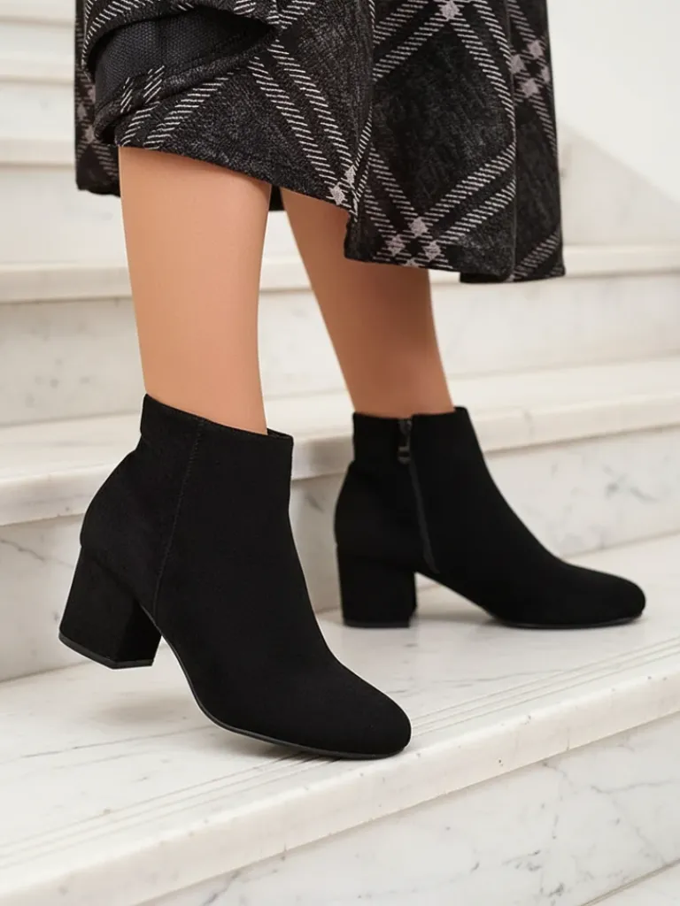 Clearance Czarne botki damskie na niskim słupku Referra Botki Bez Ocieplenia|Botki Na Słupku