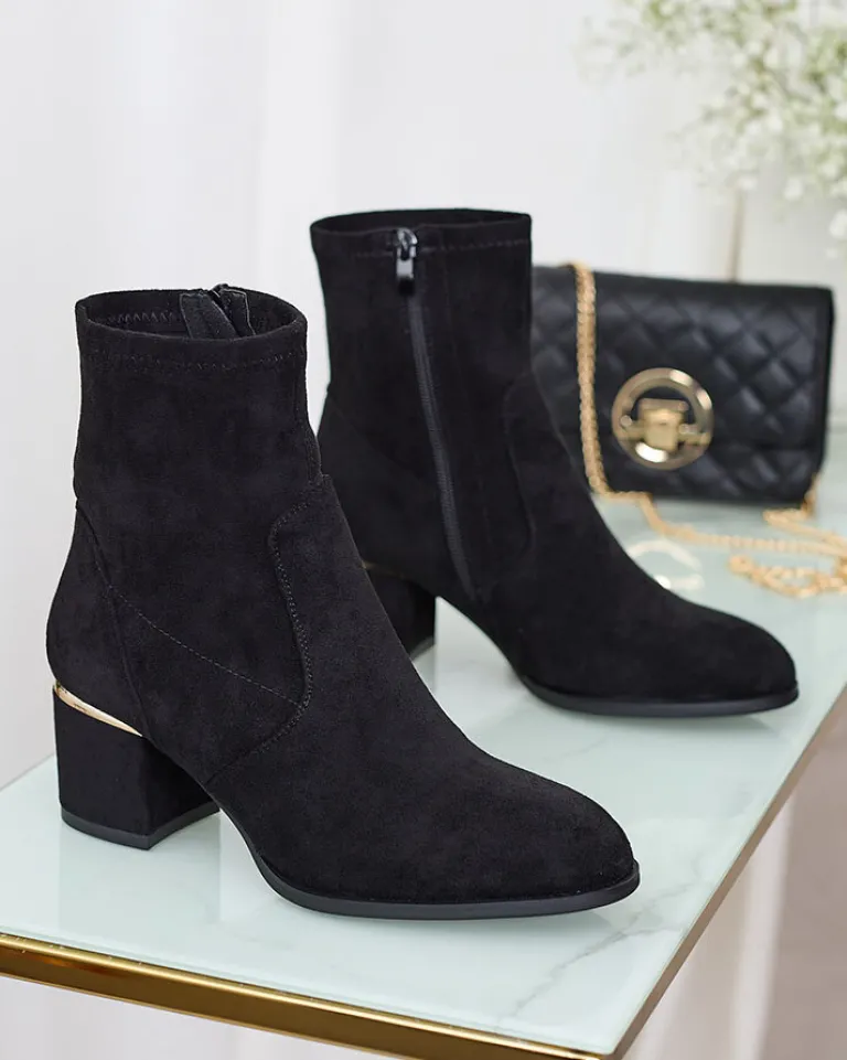 Hot Czarne botki damskie na niskim słupku Rejerra Botki Bez Ocieplenia|Botki Na Słupku