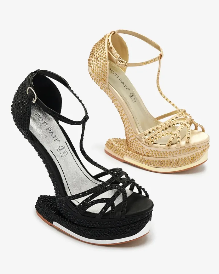 New Czarne czółenka damskie z cyrkoniami Nekko Klasyczne|Sandały Na Koturnie