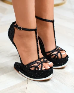 New Czarne czółenka damskie z cyrkoniami Nekko Klasyczne|Sandały Na Koturnie