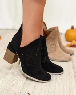 Hot Czarne damskie botki na słupku i z wycięciem Neafla Botki Bez Ocieplenia|Botki Na Płaskim Obcasie