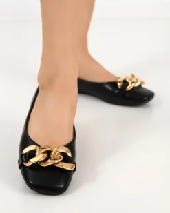 Clearance Czarne damskie eko-skórzane balerinki ze złotą ozdobą Gassi Baleriny Klasyczne