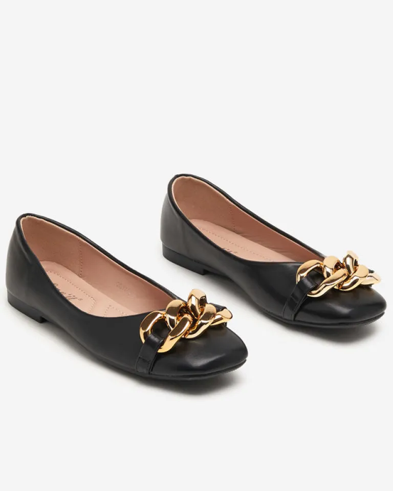 Clearance Czarne damskie eko-skórzane balerinki ze złotą ozdobą Gassi Baleriny Klasyczne
