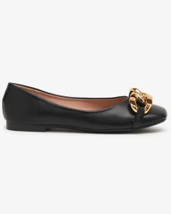 Clearance Czarne damskie eko-skórzane balerinki ze złotą ozdobą Gassi Baleriny Klasyczne