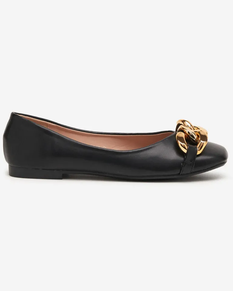 Clearance Czarne damskie eko-skórzane balerinki ze złotą ozdobą Gassi Baleriny Klasyczne