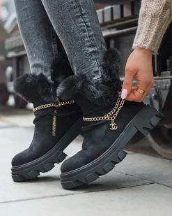 Clearance Czarne damskie eko-zamszowe botki z łańcuszkiem Videric Botki Z Delikatnym Ociepleniem|Botki Na Płaskim Obcasie