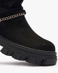 Clearance Czarne damskie eko-zamszowe botki z łańcuszkiem Videric Botki Z Delikatnym Ociepleniem|Botki Na Płaskim Obcasie