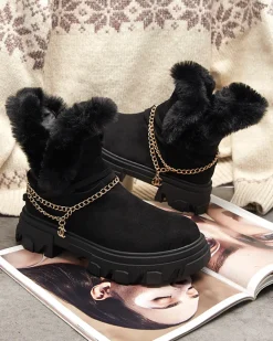 Clearance Czarne damskie eko-zamszowe botki z łańcuszkiem Videric Botki Z Delikatnym Ociepleniem|Botki Na Płaskim Obcasie