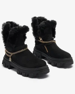 Clearance Czarne damskie eko-zamszowe botki z łańcuszkiem Videric Botki Z Delikatnym Ociepleniem|Botki Na Płaskim Obcasie