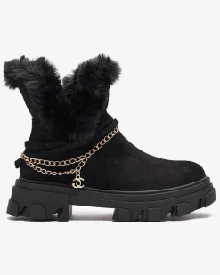 Clearance Czarne damskie eko-zamszowe botki z łańcuszkiem Videric Botki Z Delikatnym Ociepleniem|Botki Na Płaskim Obcasie