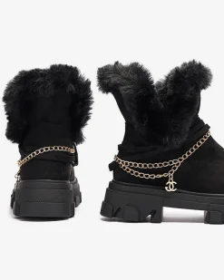 Clearance Czarne damskie eko-zamszowe botki z łańcuszkiem Videric Botki Z Delikatnym Ociepleniem|Botki Na Płaskim Obcasie