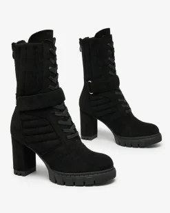 Outlet Czarne damskie ocieplane botki na słupku Sehhra Botki Z Delikatnym Ociepleniem|Botki Sznurowane