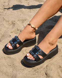 Discount Czarne damskie zdobione klapki na masywnej podeszwie Norixi Klapki Na Obcasie|Klapki Płaskie