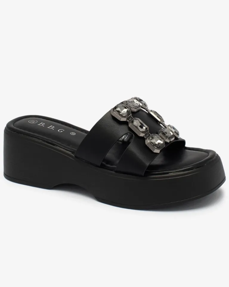 Discount Czarne damskie zdobione klapki na masywnej podeszwie Norixi Klapki Na Obcasie|Klapki Płaskie