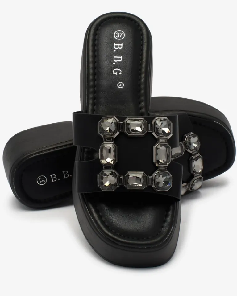 Discount Czarne damskie zdobione klapki na masywnej podeszwie Norixi Klapki Na Obcasie|Klapki Płaskie