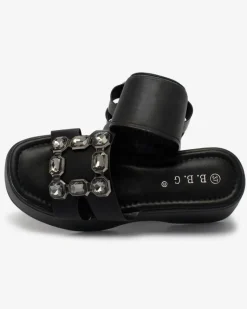 Discount Czarne damskie zdobione klapki na masywnej podeszwie Norixi Klapki Na Obcasie|Klapki Płaskie