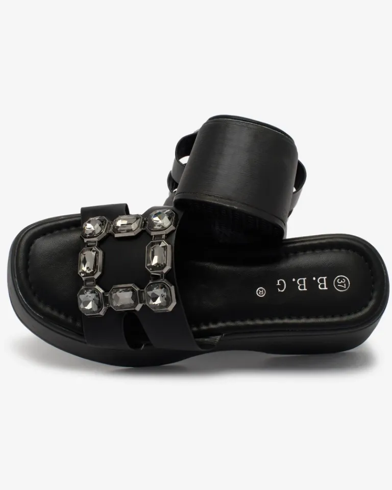 Discount Czarne damskie zdobione klapki na masywnej podeszwie Norixi Klapki Na Obcasie|Klapki Płaskie