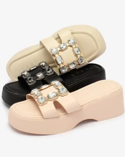 Discount Czarne damskie zdobione klapki na masywnej podeszwie Norixi Klapki Na Obcasie|Klapki Płaskie