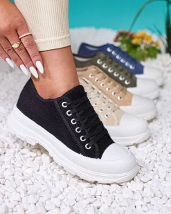 Outlet Czarne damskie trampki na platformie Spollero Trampki