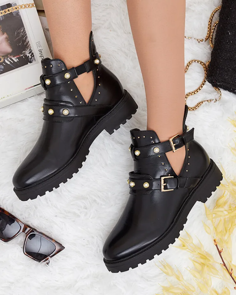 Hot Czarne damskie zdobione botki na płaskim obcasie Pearl Elegance Botki Bez Ocieplenia|Botki Na Płaskim Obcasie