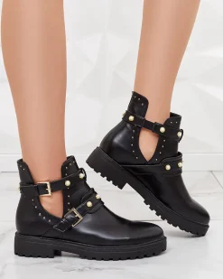 Hot Czarne damskie zdobione botki na płaskim obcasie Pearl Elegance Botki Bez Ocieplenia|Botki Na Płaskim Obcasie